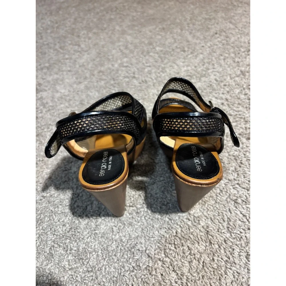 Sergio Rossi Black Mesh Patent Leather Wedge Sandals AT3907 Nero 36.5